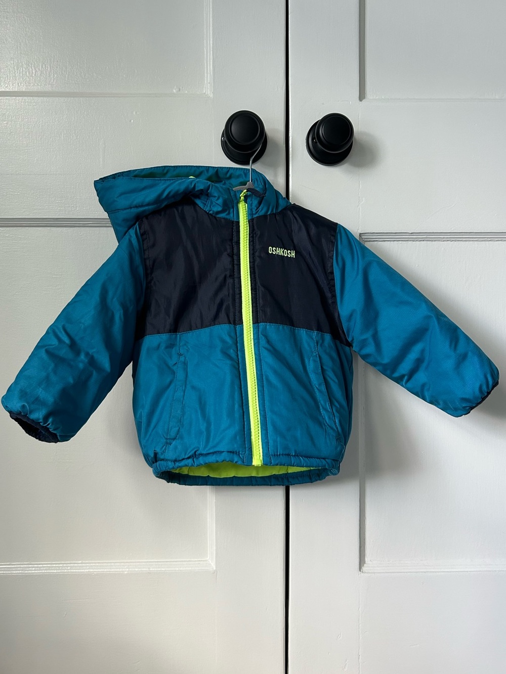 OshKosh B'gosh Colorblock Winter Puffer Jacket Blue w/ Lime Green Zipper 18 Mos